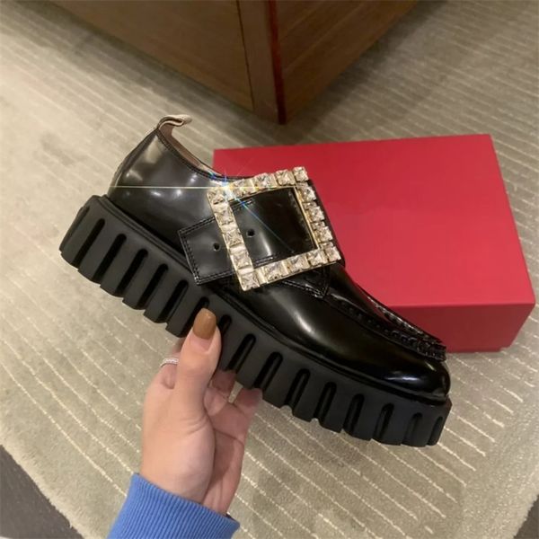 

luxury brand casual shoes designer shoes 100% real leather italian small leather shoes womens drill square buckle breathable laces with box, Black