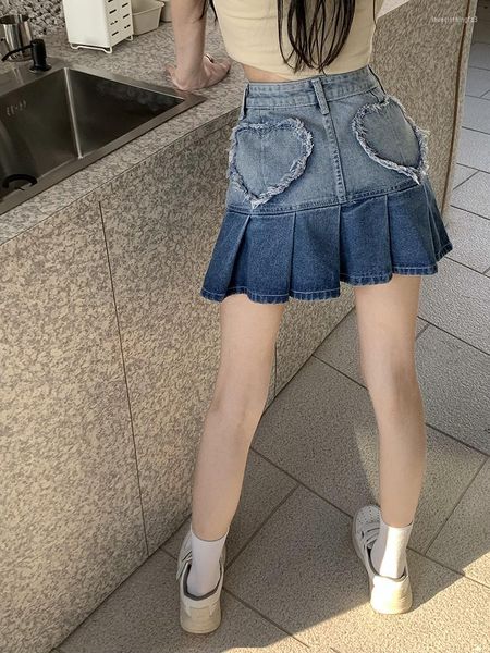

skirts washed gradient denim skirt high waist thin love pleated a-line, Black