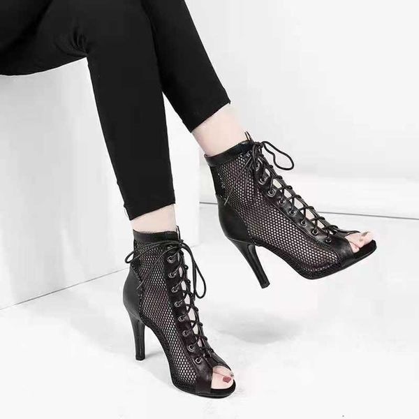 

sandal sandals hollow mesh heels women's shoes summer 2023 trend black lace up peep toe boots stilettos jazz dance female 230302