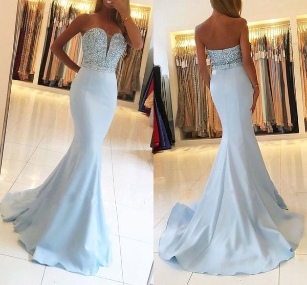 

sky blue mermaid prom dresses sweetheart beaded sequins satin long evening gowns with belt bc15265, Black