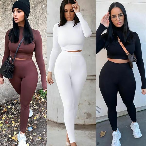 

women's two piece pants set solid color autumn sportswear high waist elastic yoga suit and tight matching, White