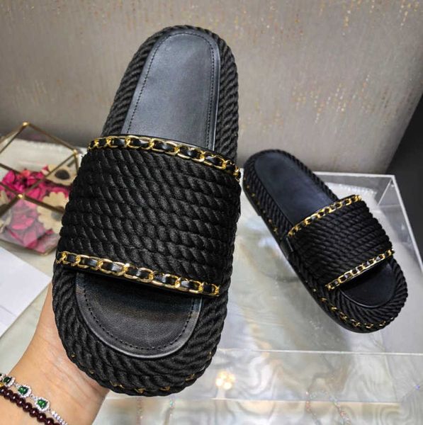 

2023 new designer women knit tweed woven sandal flat slipper fashion thick summer heel slippers slides flip flops mule womens daily commutin, Black