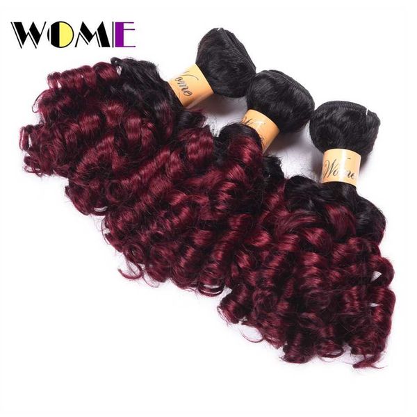 

wig caps wome precolored indian bouncy curly hair bundles 3pcs 100 human hair weave #1bburgundy 10"24" non remy hair extensions, Black;brown