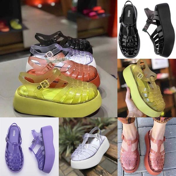 

designers melissa sandals classic rubber slippers jelly pvc clear sandals flat casual shoe platform thick bottom heels candy colors outdoor, Black