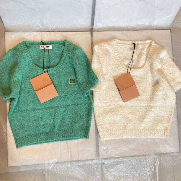 

women wool knitted sweater designer t shirt summer new high-end miu letter embroidery short sleeve tshirt round neck sweater pullover teddy, White;black
