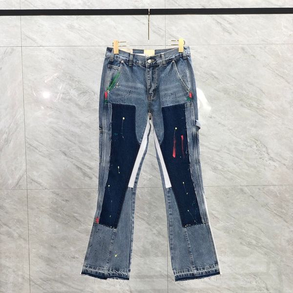 

23ss men usa zipper patchwork denim pants splash ink jeans high street trousers bell bottoms, Black;brown