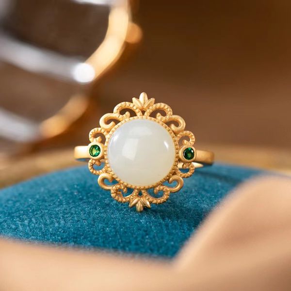

natural hetian jade white jade green jade ring court style pattern opening can adjust the temperament of the ring, Golden;silver