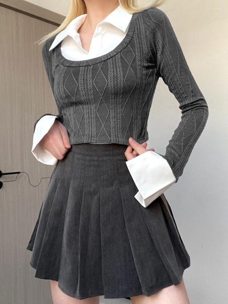 

women's t shirts weekeep korean style crop 90s full sleeve patchwork knit streetwear slim fit women clothing y2k harajuku tee ladies, White