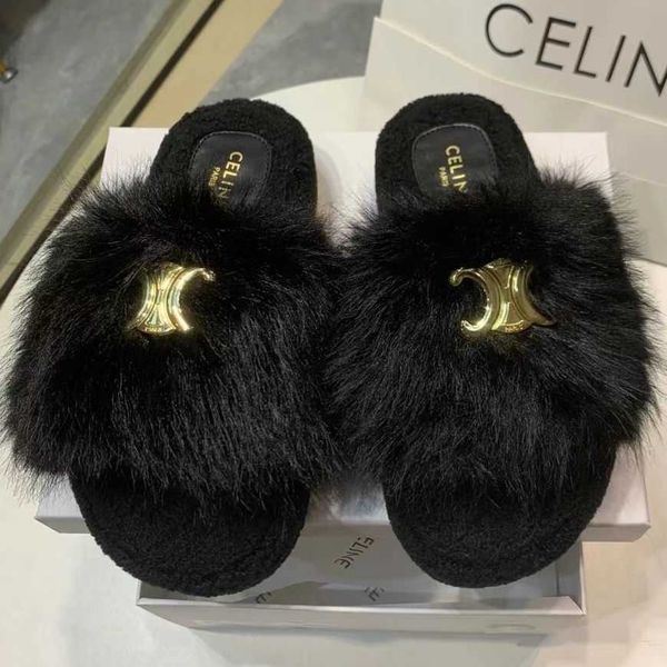 

slippers word drag autumn winter plush warm thick soled sailin wool triumphal arch casual for women to wear outside, Black