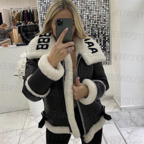 

down jackets lambswool collar pu leather coats women jackets plus velvet warm winter outerwear ladies party wedding jacket fmfkm, Black