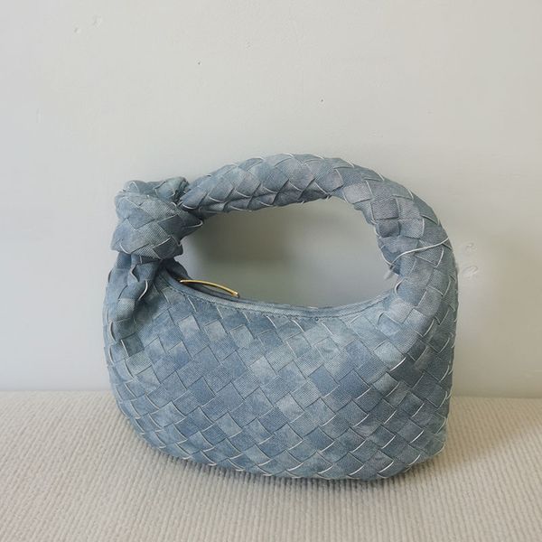 

women fashion faux denim handbag solid weave knot totes