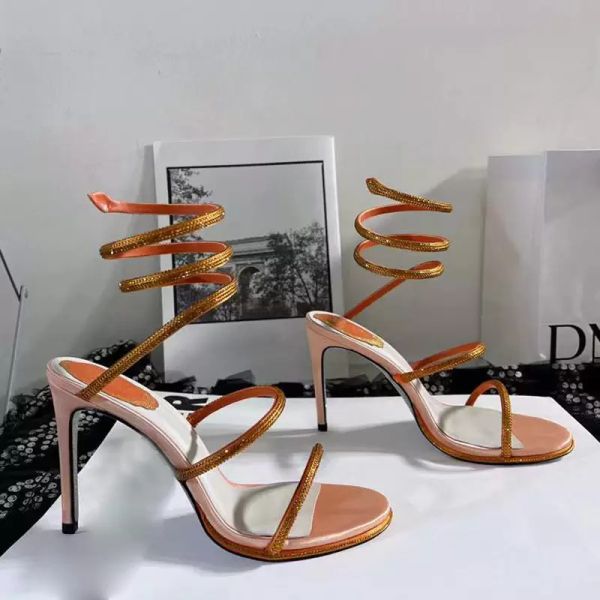 

rhinestone snake strass stiletto sandals rene caovilla cleo 95mm evening shoes women's high heels ankle wraparound luxury designer fact, Black