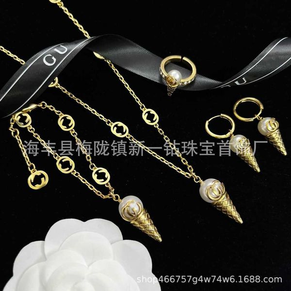 

60% off 2023 new luxury fashion jewelry for new ice cream double necklace female bracelet earrings open ring brass, Silver