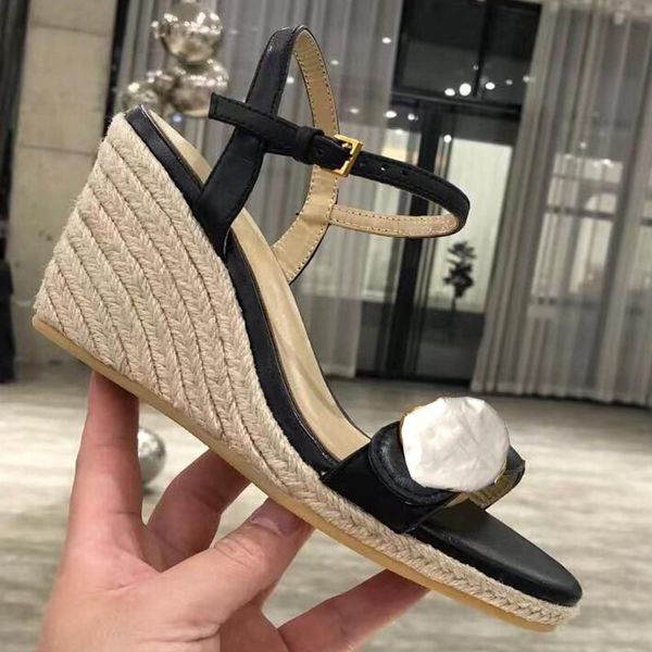 

summer platform womens sandals designer comfortable high-heeled shoes fashion temperament office straw heel professional work shoes, Black