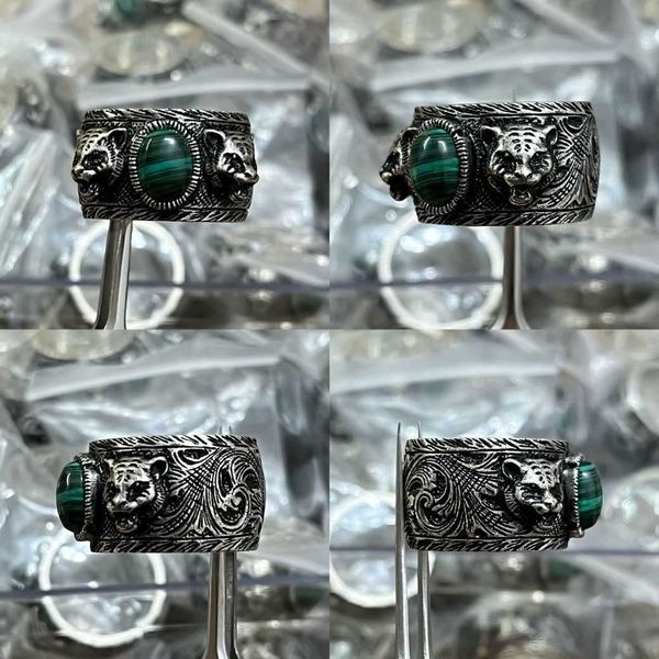 

factory wholesale 2023 new luxury fashion jewelry for garden head double malachite green complex pattern animal silver year of the tiger rin