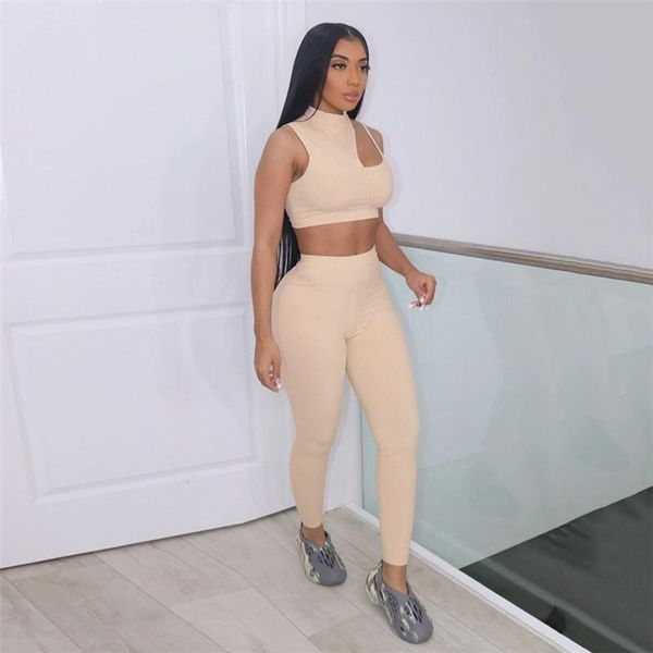 

women's two piece pants y-l solid ribbed set women one cut out tracksuit crop sporty skinny for female outfits 2023, White