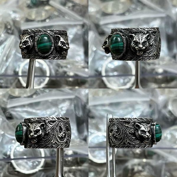 

80% off 2023 new luxury fashion jewelry for garden head double malachite green complex pattern animal silver year of the tiger ring