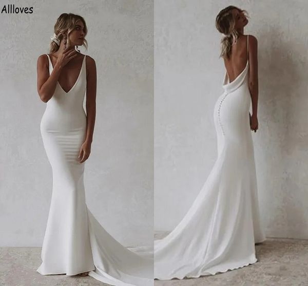 

simple satin mermaid wedding gowns v neck sleeveless boho garden beach bridal dresses sweep train backless buttons fashion robes de mariee b, White