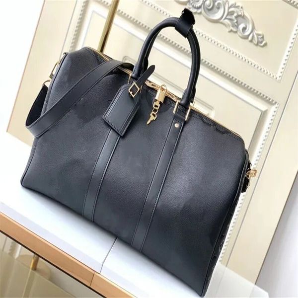 

l designers duffel bags imported head layer cowhide black pressed large flower travel bag classic capacity large double zipper open close re