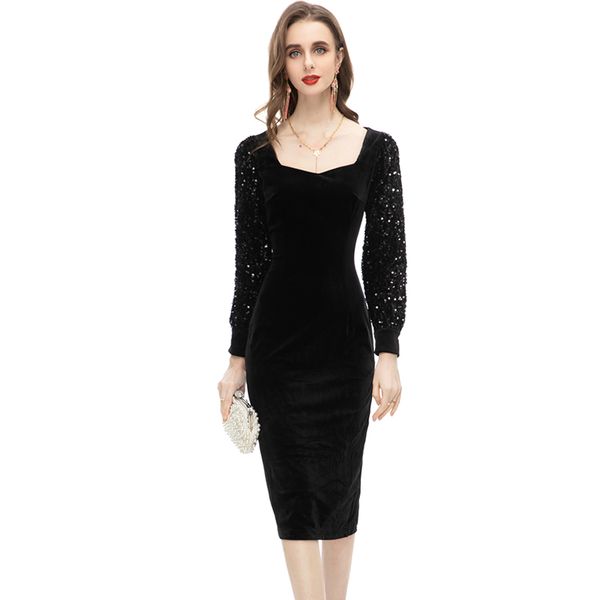 

women's runway dresses long sequined sleeves velvet fashion casusal pencil vestido, Black