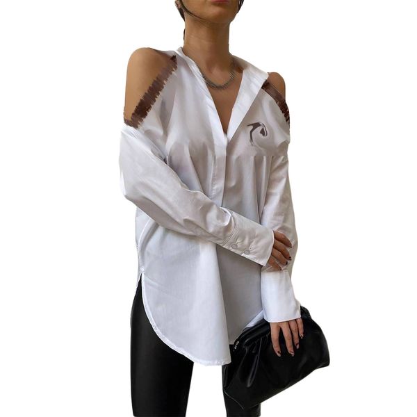 

womens blouses spring designer long sleeved print off shoulder shirt ship, White