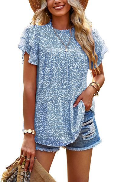 

women casual loose shirts summer ruffle short sleeve mock neck fashion print chiffon blouse shirts, White