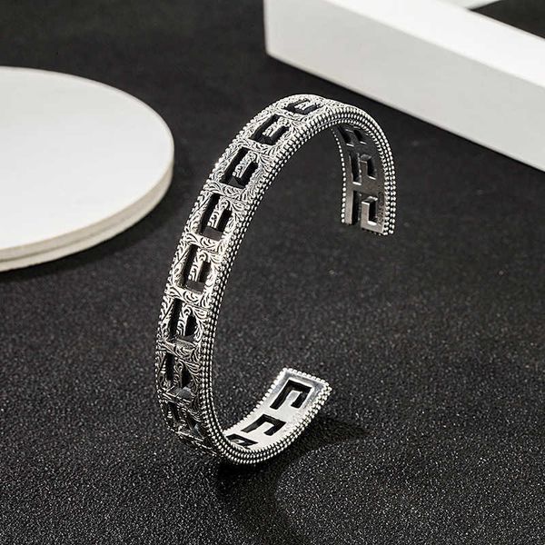 

2023 new luxury fashion jewelry for sterling silver double carved opening hollowed out letters old simple men's and women's wide v, Black