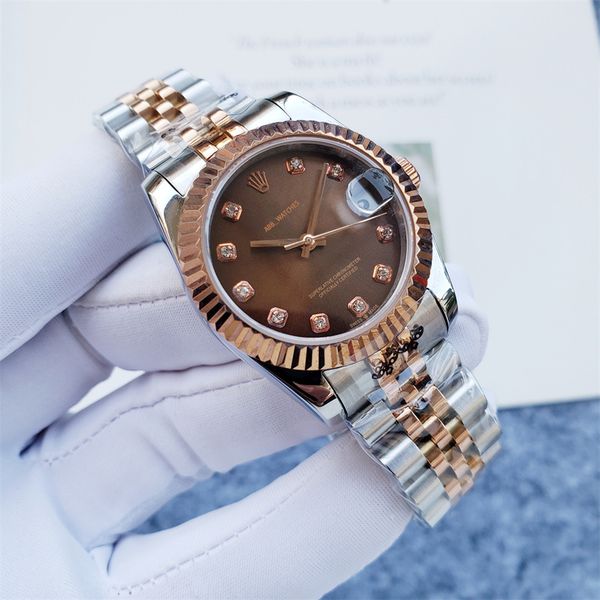

abb_watches womens watch automatic mechanical watches modern casual wristwatch round stainless stee classcal dress folding buckle date watch, Slivery;brown