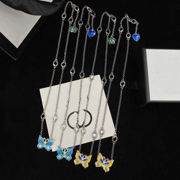 

fashion collection 2023 new luxury fashion jewelry for double heart butterfly gel drop necklace brass versatile sweater chain, Silver