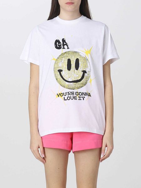 

ganni 23ss women designer t shirt smiling print round neck casual loose pullover short sleeve tees top, White