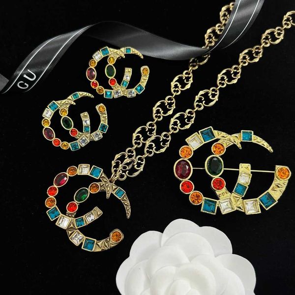 

20% off all items 2023 new luxury fashion jewelry for new suit double letters inlaid with colored diamond necklace earrings brooch female, Black