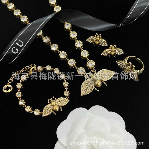 

luxury jewelry heavy industry inlaid rhinestone bee necklace bracelet earring open ring brass, Silver