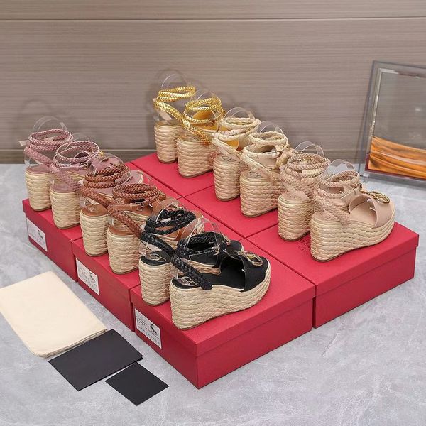 

designer sandals hemp rope slope heel summer new ultra-high platform anti-slip open toe fashion thick bottom high heels ladies luxury leathe, Black