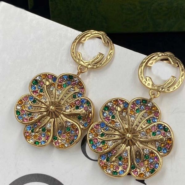 

factory wholesale 2023 new luxury fashion jewelry for double flower color rhinestone brass silver needle premium earrings female, Golden