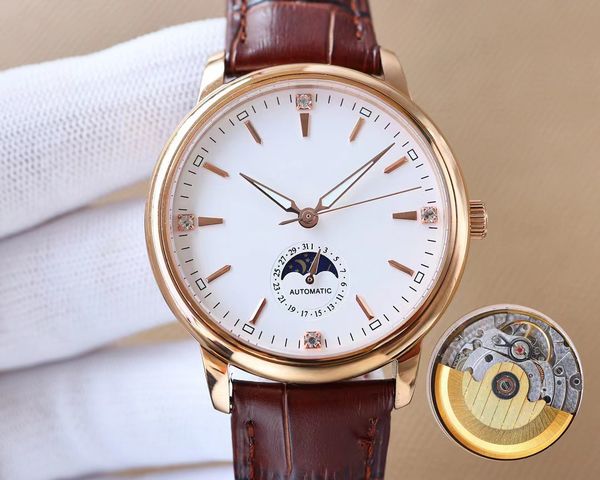

men's watch 40mm gold dial with super movement fully automatic first quarter moon phase function sapphire mirror waterproof designer wa, Slivery;brown