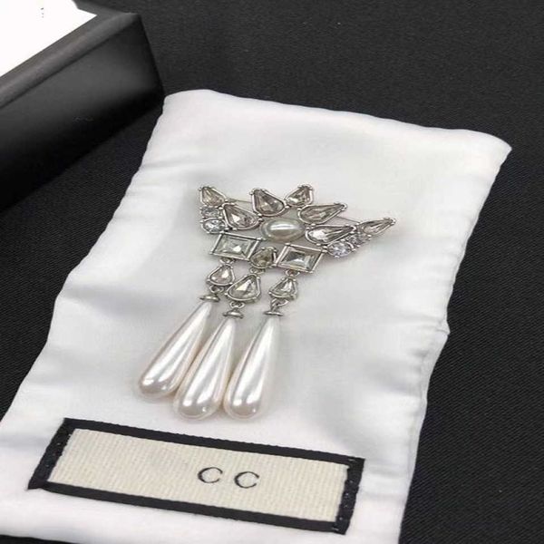 

95% off 2023 new luxury fashion jewelry for years old double drop pearl diamond brooch sweater coat brass pin clothing accessories, Gray