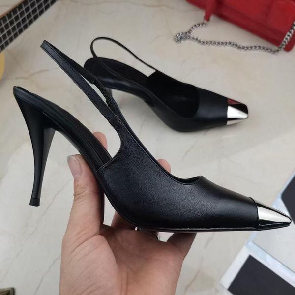 

women sandals party fashion 100% leather pointed dance shoe new designer high heels super lady wedding metal buckle beach women shoes large, Black