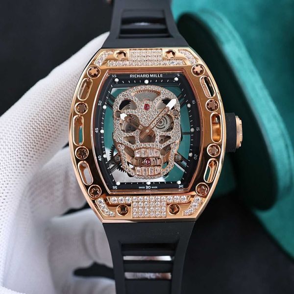 

luxury automatic mechanical watch richa milles rm052 ghost classic legend hollow skull wristwatch with diamond aggressive rubber band mechan