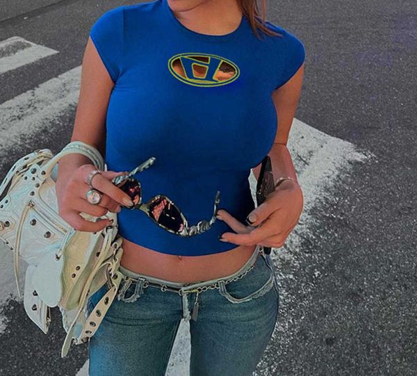 

t-shirt yy22459 slim fit show breast d embroidery solid color short open umbilical ins small street spicy girls versatile women, White