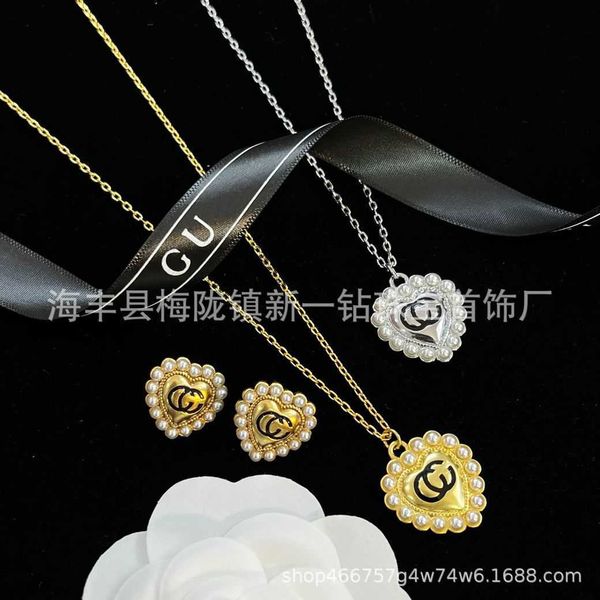 

factory wholesale 2023 new luxury fashion jewelry for family new suit double love pearl heart necklace earrings, Silver