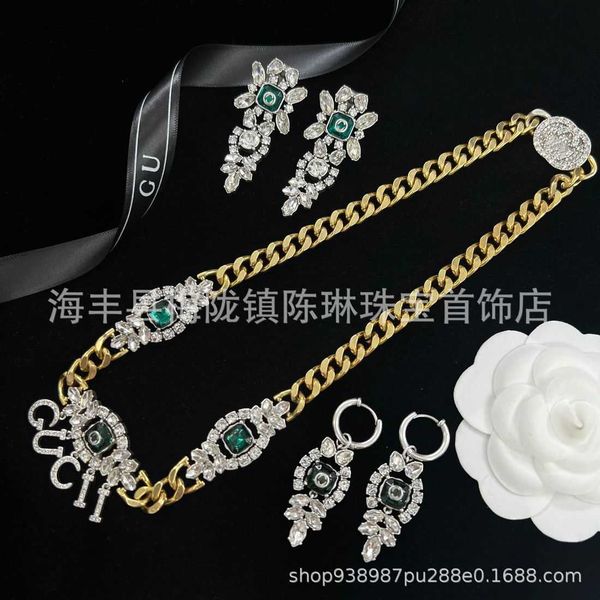 

60% off 2023 new luxury fashion jewelry for heavy industry inlaid rhinestone emerald double necklace female earrings advanced, Silver