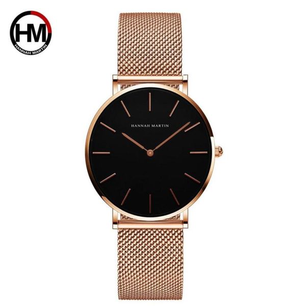 

2021 relogio feminino hannah martin luxury brand women watches stainless steel mesh rose gold waterproof clock fit style ladies qu1631857, Slivery;golden
