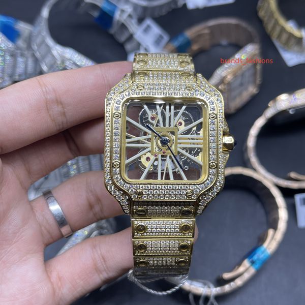 

skeleton see-through dial watch gold stainless steel case watches quartz movement men's new ice diamonds watch, Slivery;brown