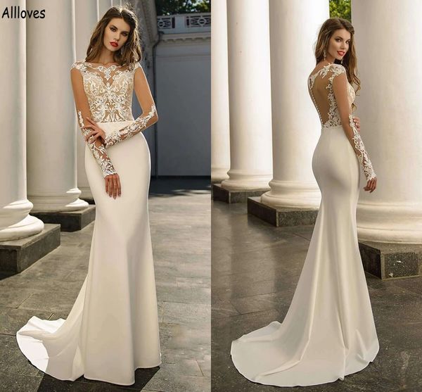 

ivory elegant satin mermaid wedding dresses with illusion long sleeves lace appliqued bridal gowns sweep train boho garden beach robes de ma, White