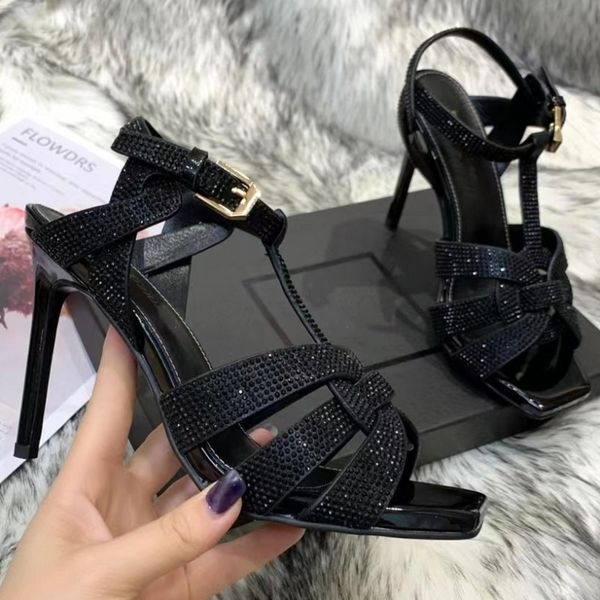 

fashion spring and autumn high-heeled women's sandals classic patent leather red crystal dancing cross luxury designer wedding joker we, Black