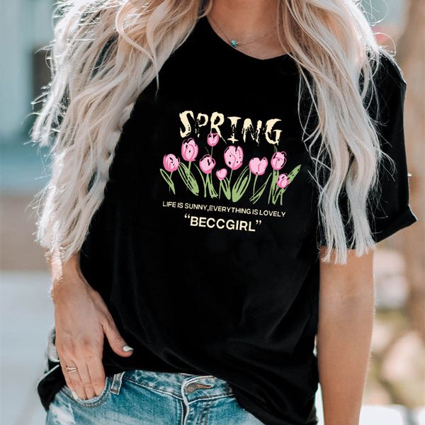 

women's t-shirt cotton 2023 new round neck flower top, White