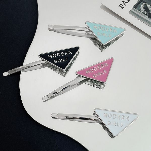 

personalised ribbon girls' hairpin color drop glaze triangle clip modern girls english letter hair accessories fashion women hairclip, Slivery;white