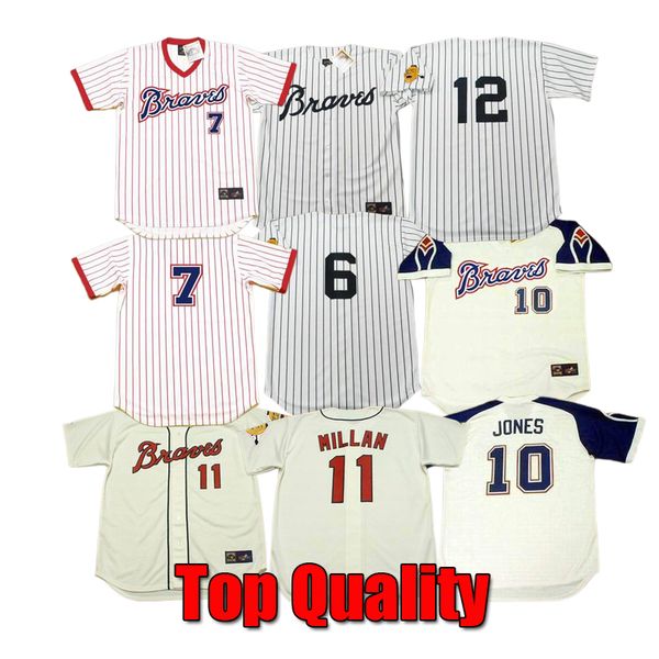 

men's atlanta 7 jeff burroughs 10 chipper jones 11 felix millan 12 bob uecker throwback baseball jersey stitched s-5xl, Black