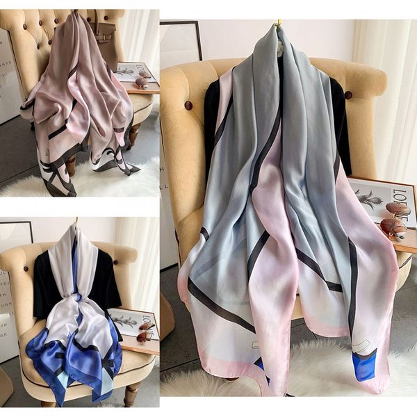 

pure silk scarves designer letters print women real silk bandana floral silk headscarf print kerchief beach neckscaf for lady 180x90cm, Blue;gray