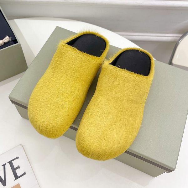 

horse fur slippers women luxury brand designer shoes round toe ladies slides horsehair outdoor factory footwear men slipper, Black